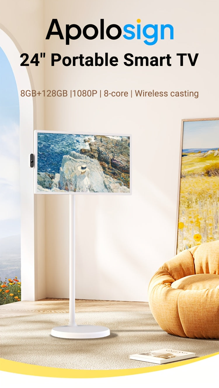 Apolosign 32 Inch Portable TV, Smart Screen, Portable Monitor With Touch Screen, 8GB+128GB, 6800mAh Battery, 1080P, Camera 8MP, Rotation Rolling, Voice Remote Control Mobile TV, Android OS, Built-in Battery, Gaming Monitor, G