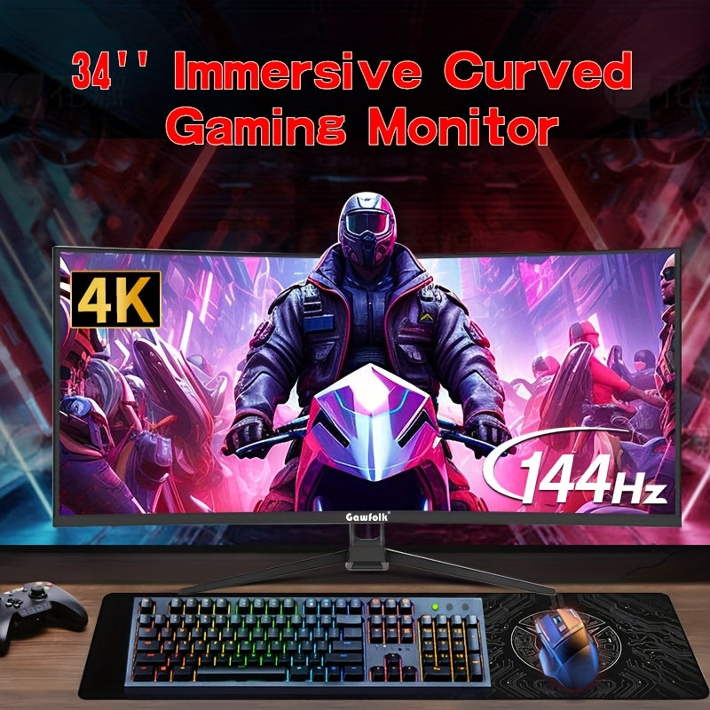 Gawfolk 34" Ultra-Wide Curved Gaming Monitor - 144Hz, UWQHD (3440x1440), Adaptive Sync, 178° Viewing Angle, Display Port, Wall Mount Compatible, Black