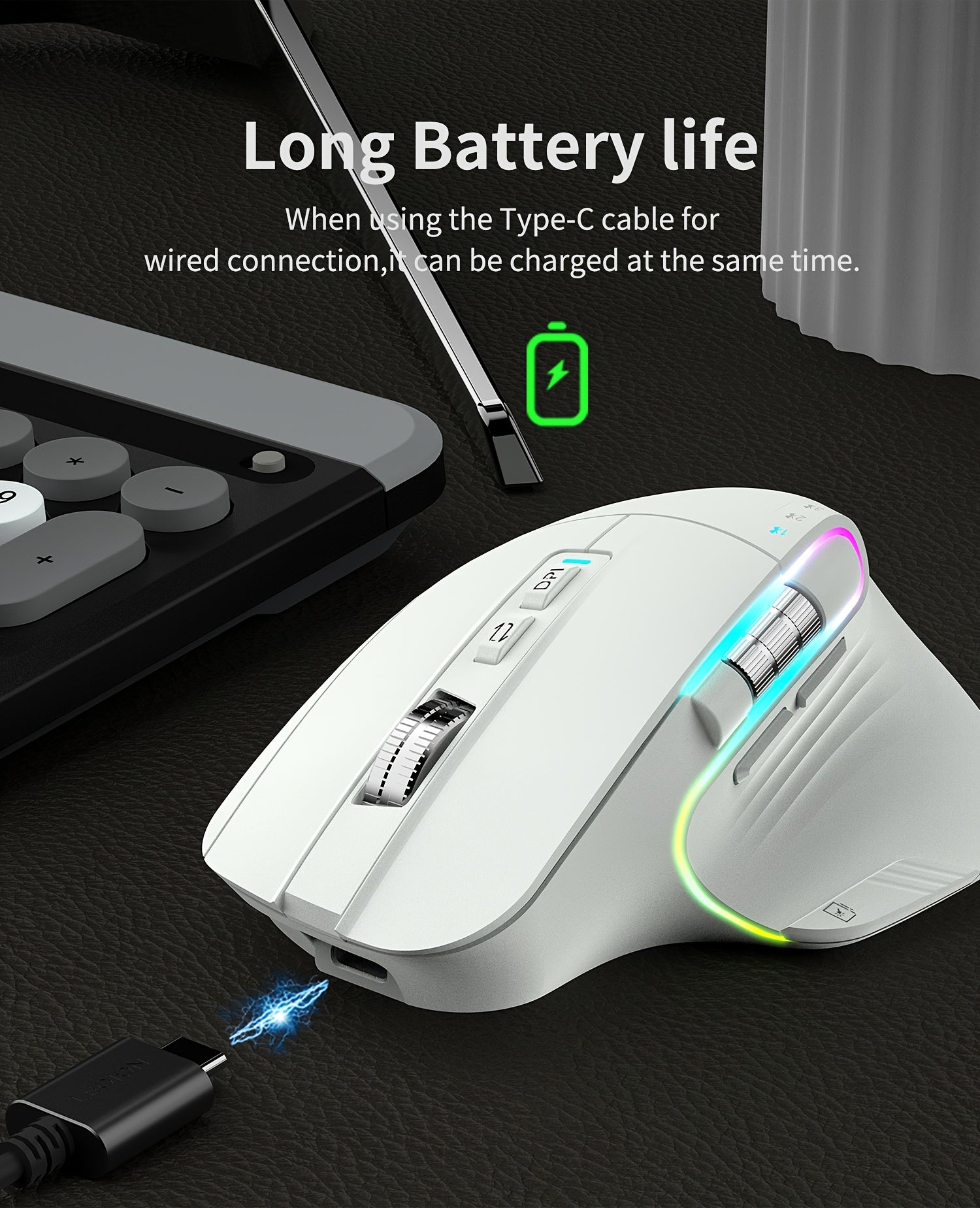 Wireless Wireless Mouse, 2.4GHz, Type-C Wired Three Mode Connection, Artificial Vertical Mouse, Rechargeable Optical Mouse