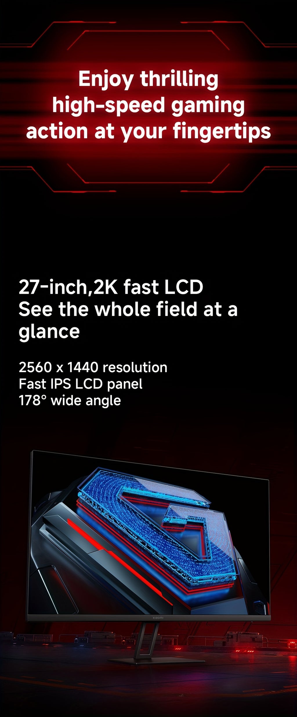 Xiaomi 2K Gaming Monitor G27Qi, 2560*1440, 2k Fast LCD, 1ms Response FreeSync, 180Hz Refresh Rate, 100% SRGB 95% DCI-P3, Low Blue Light Monitor
