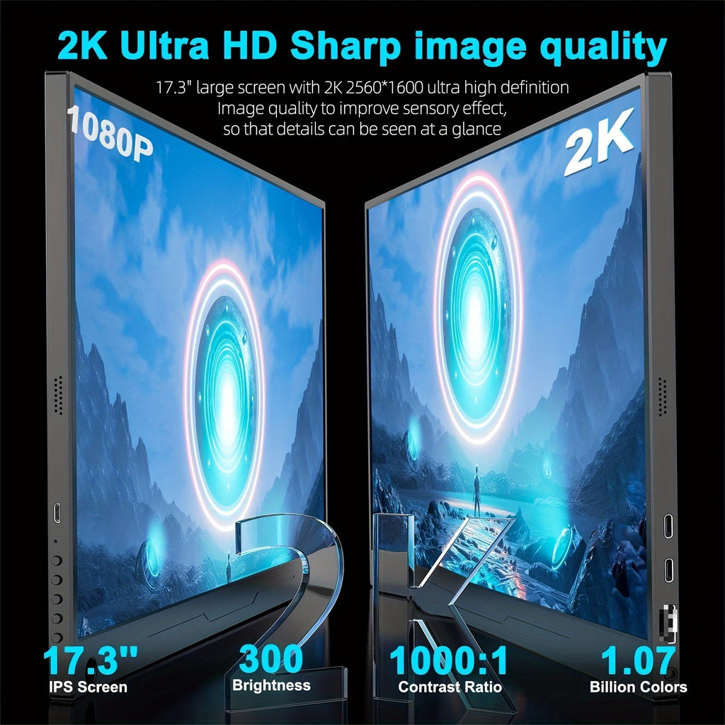 144HZ Gaming Monitor, 17.3" 2K Portable Monitor HDR FreeSync IPS Screen w/VESA for Esports Switch PS5 Xbox Steam Deck
