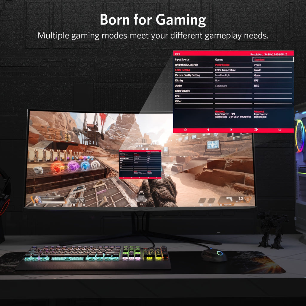 35in Ultra Wide QHD 21:9 Gaming Monitor, With Adaptive Sync, 120Hz Refresh Rate, Picture In Picture, By SRGB 99%, 2xHD, 2xDisplay Ports, R1800, 3440*1440P, (DP Cable Included)