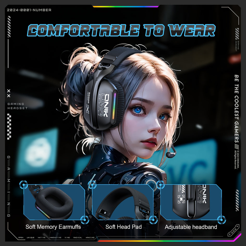 ONIKUMA 2.4G Tri-Mode Wireless Gaming Headset, Rechargeable Battery, Closed-back, Stereo Audio, 3.5mm Headphone Jack, Type-C Port Charging, Non - Waterproof, Push Button Type, Volume Control, Wireless 5.3, 2.4GHz, with Microp