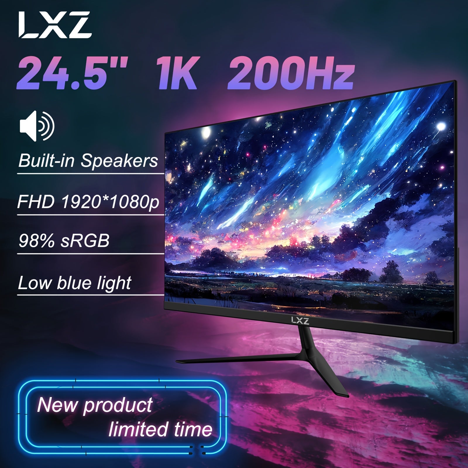 LXZ 24.5" Gaming Monitor - 200Hz FHD 1080P, Frameless Design with Built-in Speaker, Wall Mount Compatible - Perfect Christmas or Birthday Gift for Gamers, Gaming Room Decor, Boys Girls, Computer Monitor