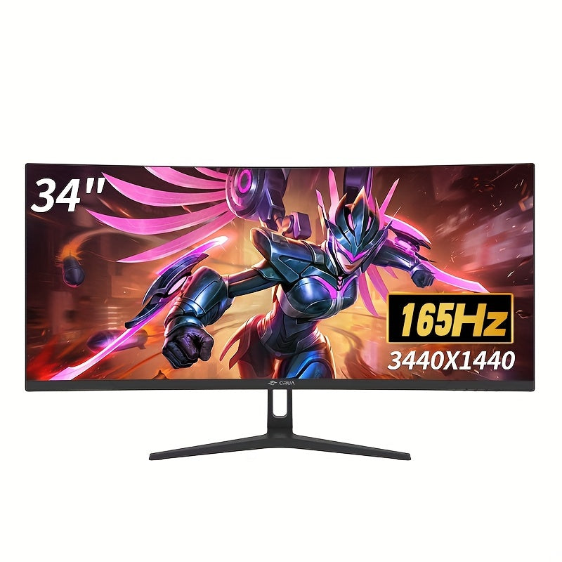 CRUA 34" Ultrawide Curved Gaming Monitor 1440P - 3440x1440 LED Display, 165Hz Refresh Rate, Frameless, 100% sRGB, 110V/220V Table Mount, AMD Freesync, Low Blue Light, US Plug, Black