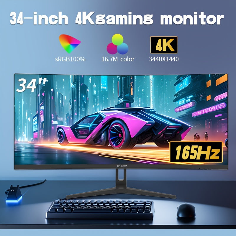 CRUA 34" Ultrawide Curved Gaming Monitor 1440P - 3440x1440 LED Display, 165Hz Refresh Rate, Frameless, 100% sRGB, 110V/220V Table Mount, AMD Freesync, Low Blue Light, US Plug, Black