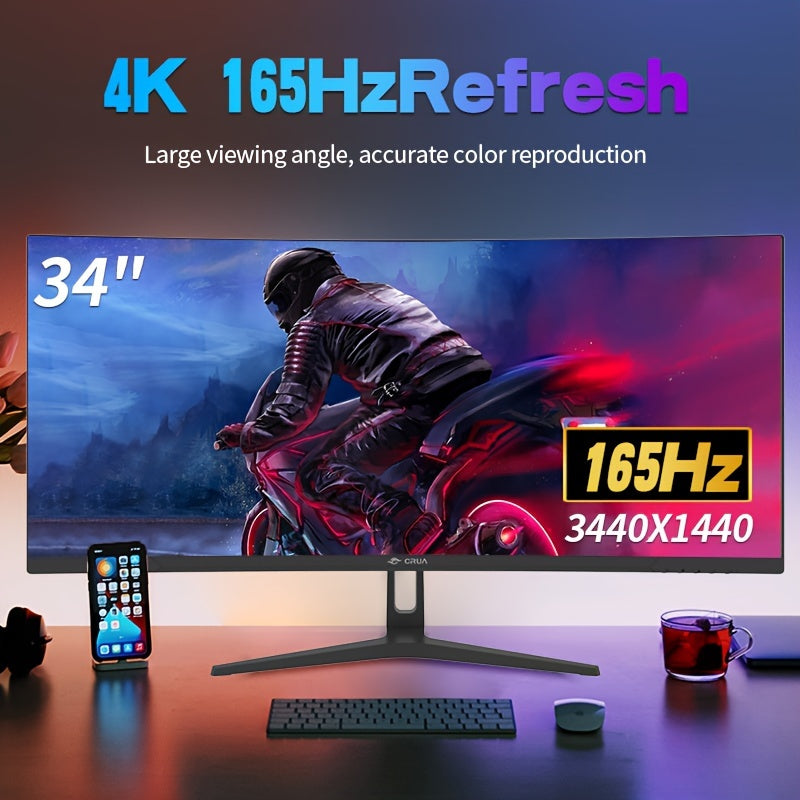 CRUA 34" Ultrawide Curved Gaming Monitor 1440P - 3440x1440 LED Display, 165Hz Refresh Rate, Frameless, 100% sRGB, 110V/220V Table Mount, AMD Freesync, Low Blue Light, US Plug, Black