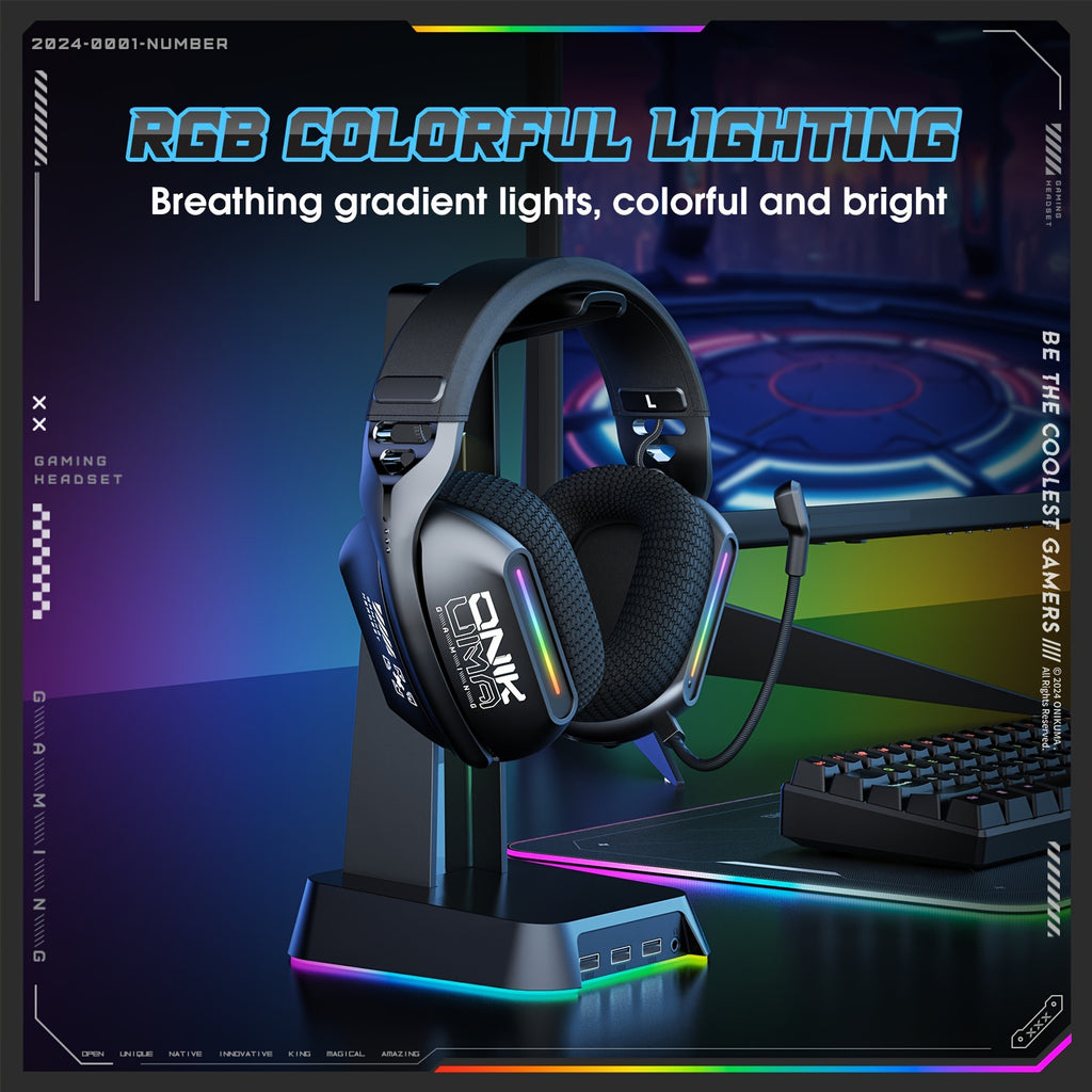 ONIKUMA 2.4G Tri-Mode Wireless Gaming Headset, Rechargeable Battery, Closed-back, Stereo Audio, 3.5mm Headphone Jack, Type-C Port Charging, Non - Waterproof, Push Button Type, Volume Control, Wireless 5.3, 2.4GHz, with Microp