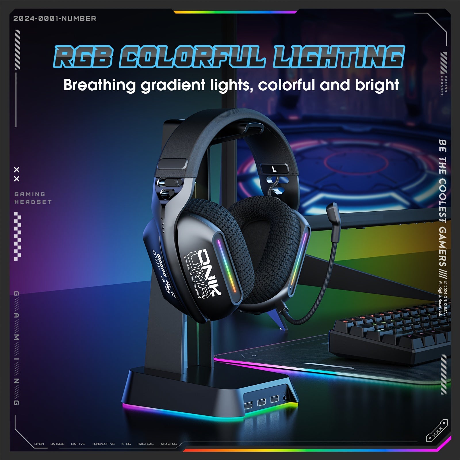 ONIKUMA 2.4G Tri-Mode Wireless Gaming Headset, Rechargeable Battery, Closed-back, Stereo Audio, 3.5mm Headphone Jack, Type-C Port Charging, Non - Waterproof, Push Button Type, Volume Control, Wireless 5.3, 2.4GHz, with Microp