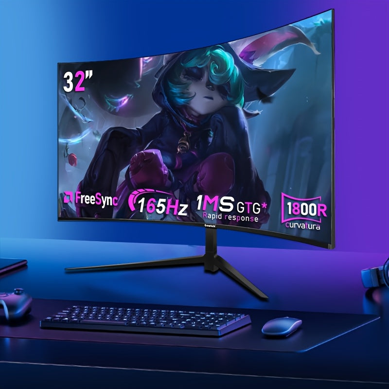 1pc GAWFOLK 32" Curved Gaming Monitor, 165Hz High Refresh Rate, 1ms Response Time, HDR400, 2560x1440 Resolution, LED Backlight, NTSC Color Gamut, Anti-Tear Technology, US Plug, 110V/220V, for Home & Office Use