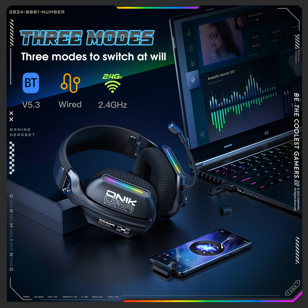 ONIKUMA 2.4G Tri-Mode Wireless Gaming Headset, Rechargeable Battery, Closed-back, Stereo Audio, 3.5mm Headphone Jack, Type-C Port Charging, Non - Waterproof, Push Button Type, Volume Control, Wireless 5.3, 2.4GHz, with Microp