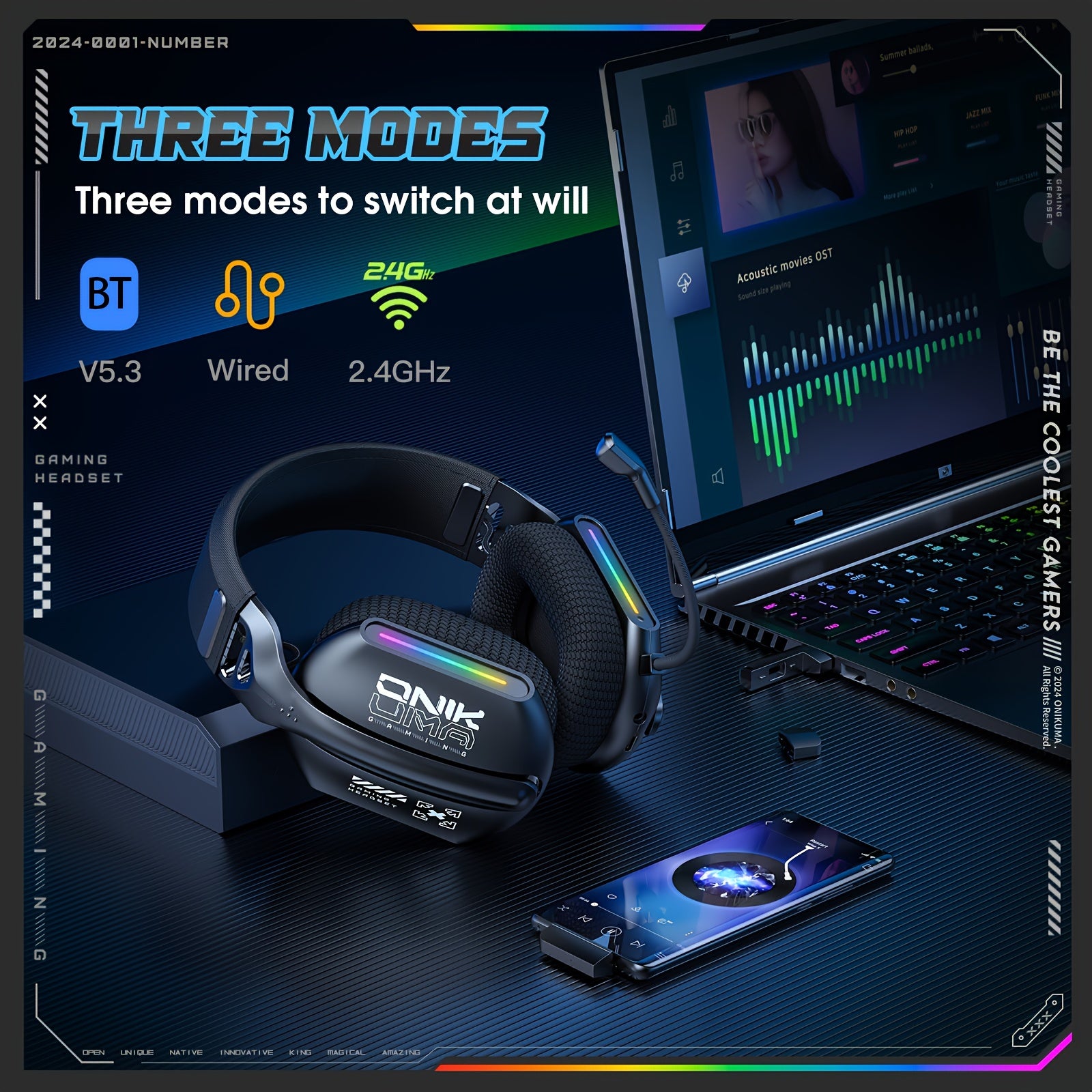 ONIKUMA 2.4G Tri-Mode Wireless Gaming Headset, Rechargeable Battery, Closed-back, Stereo Audio, 3.5mm Headphone Jack, Type-C Port Charging, Non - Waterproof, Push Button Type, Volume Control, Wireless 5.3, 2.4GHz, with Microp