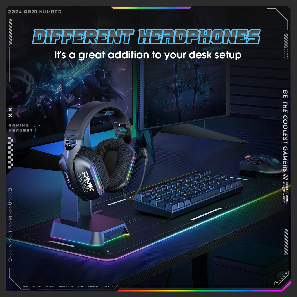 ONIKUMA 2.4G Tri-Mode Wireless Gaming Headset, Rechargeable Battery, Closed-back, Stereo Audio, 3.5mm Headphone Jack, Type-C Port Charging, Non - Waterproof, Push Button Type, Volume Control, Wireless 5.3, 2.4GHz, with Microp