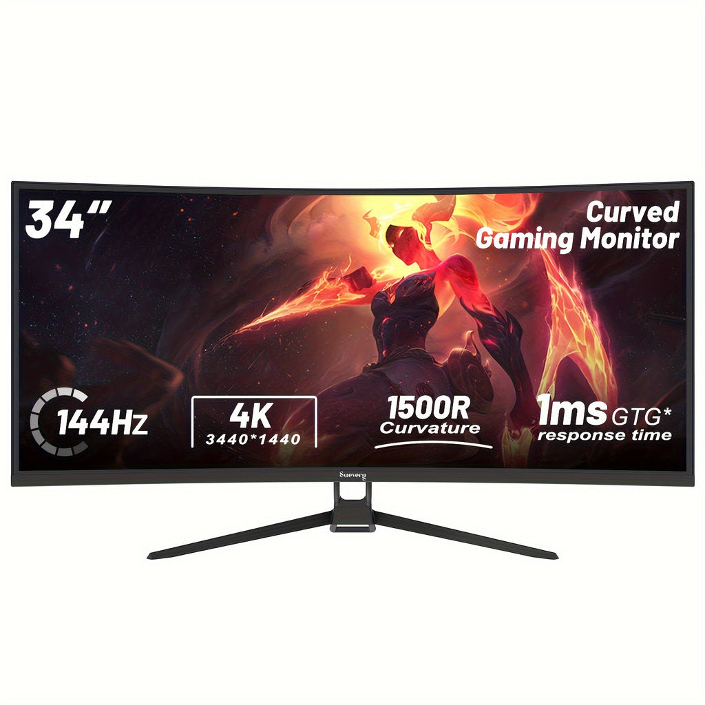 Suevery 34inch 21:9 UWQHD (3440x1440), 144Hz PC Screen, 1500R Ultrawide Curved Gaming Monitor, 1ms, FreeSync, 178° Wide Viewing Angle